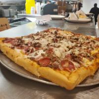 Sicilian Meat Pizza · Canadian bacon, pepperoni, sausage, and hamburger. Your choice of 5 toppings for free.
