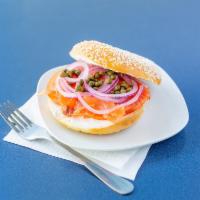 Lox and Bagel · Comes with smoked salmon, plain cream cheese, tomato, red onion, and choice of bagel. add av...