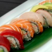 Rainbow Roll · Crab, avocado, cucumber topped with tuna, salmon, yellowtail.