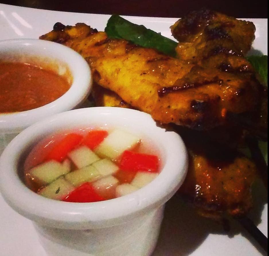 4 Satey  · Grilled marinated chicken, pork, or beef skewers served with peanut sauce and cucumber salad. The soy-free option is available. A gluten-free option is available.