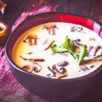 Tom Kha Soup · Lemongrass, coconut milk soup with mushrooms, scallion, and your choice of chicken or tofu. ...