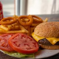 6 oz. Jumbo Cheeseburger Deluxe · Served with french fries and onion rings.