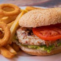 Jumbo Turkey Burger Deluxe · Served with french fries and onion rings.