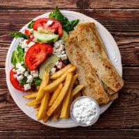 Chicken Gyro Dinner · Strips of chicken gyro served with french fries or rice, Greek
salad, pita bread and tzatzi...