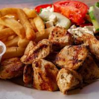 Chicken Souvlaki Dinner · Served with 2 sticks of tender cubes of chicken breast, french
fries or rice, Greek salad, ...