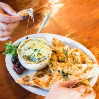Organic Spinach Dip · Blended organic spinach, artichoke hearts, cream cheese, parmesan, goat cheese, white wine, ...