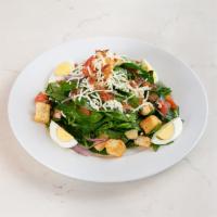 Spinach Salad · Fresh spinach, boiled eggs, bacon, diced tomatoes, red onions, sliced portobello mushrooms, ...