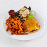 The (B) Burger · All-natural buffalo* with mixed greens, tomato, house-made pickles, red onion and choice of ...