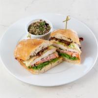 Grilled Chicken Sandwich · All-natural chicken breast, bacon, mixed greens, tomato, house-made pickles, red onion, avoc...