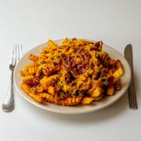 Chili Cheese Fries (GFO) · House-made chili (slow-cooked kidney beans, black beans, chickpeas, tomato and onion) poured...