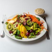 House Salad (GFO) · Ginger sauce served with spring mix, romaine lettuce, grapes, kiwi, carrots, apple, pine nut...