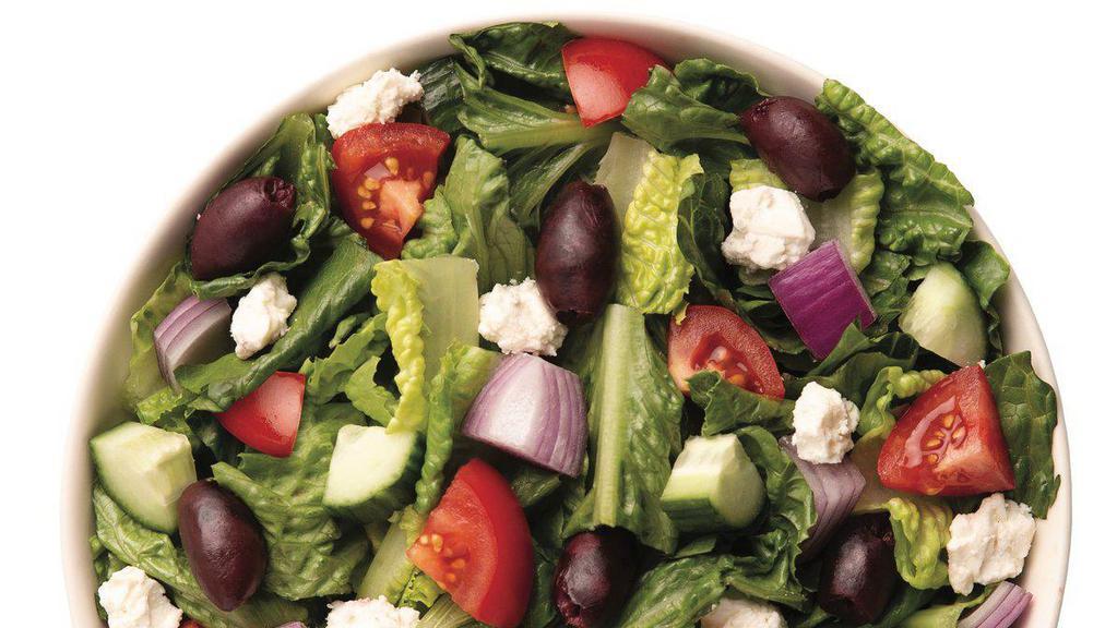 Classic Greek Salad · This Signature Salad features a recommended base of our Romaine/Iceberg blend. It is served with Diced Tomatoes, Sliced Cucumbers, Kalamata Olives, Diced Red Onion, and Feta Cheese. We recommend our Housemade Greek Vinaigrette.