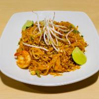 Pad Thai Dinner · The most famous Thai noodle dish, stir fried with ground peanuts, eggs, bean sprout and scal...