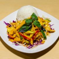Evil Jungle Prince with Chicken Dinner · Sauteed chicken in basil lemon grass coconut sauce over a bed of fresh crispy cabbage. Serve...