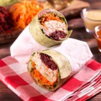 Veggie Wrap · Choose between spinach or whole wheat wrap. Comes with lettuce, tomatoes, cucumber, shredded...