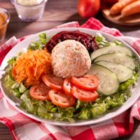Grilled Chicken Strips Salad · Comes with lettuce, tomatoes, cucumber, shredded carrots, and shredded beets. Choose dressin...