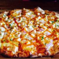 Golden BBQ Chicken Pizza · Chicken, mozzarella, shaved red onions and gold fever sauce.