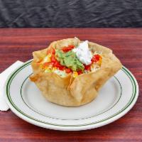 Chef's Tostada · Deep fried flour tortilla big shell.