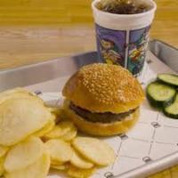 Kid's 3 oz. Burger Meal · Comes with Angus Beef, Ketchup, American Cheese and side of fries and kid's drink.