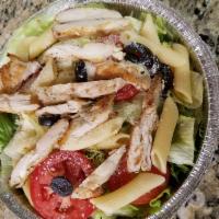 Penne and Grill Chicken Salad · Diced grilled chicken tossed with mixed greens, penne pasta, black olives, plum tomatoes,  P...
