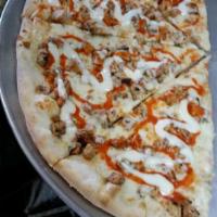 Buffalo Chicken Pizza · Grilled chicken, Buffalo sauce and choice of ranch or blue cheese dressing.