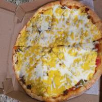 Cheesesteak Pizza · Provolone, American, mozzarella cheese, peppers, and onions.