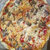 Our Place Signature Sausage Pizza · Sweet Italian sausage, roasted red peppers, and caramelized onions.