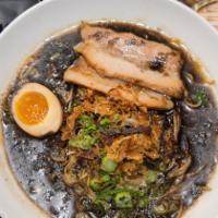 Kai's Black Ramen · Salt base pork soup, thin noodle, Mayu black garlic oil, pork belly, flavored egg, scallion,...