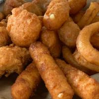Sampler · Mozzarella sticks, onion rings, spicy deep fried pickle spears, deep fried zucchini and chic...