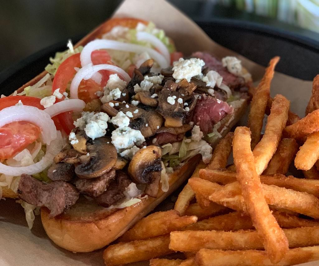 Black/Bleu Steak Sandwich · Grilled steak topped with Bleu cheese, mushrooms, tomato lettuce, onion, and mayo served on a grilled hoagie. Served with fries or slaw.