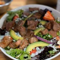 Black and Bleu Salad · Mixed greens with grilled steak, strawberries, Bleu cheese crumbles, almonds, red onion, and...