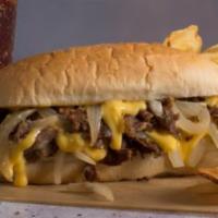 Cheesesteak Sandwich · Melted American cheese topping shaved steak, accompanied by juicy grilled onions.