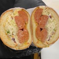 The Capone Sandwich · 2 beef hot links, Swiss cheese. sauerkraut, coleslaw and mustard.