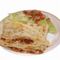 Pastor Quesadillas · Cooked tortilla that is filled with cheese and folded in half. 