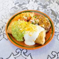 Chimichanga Combo (Any Meat) · I meat to choose steak, chicken, pastor, carnitas, beans, and cheese inside plus guacamole, ...