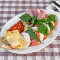Antipasto for 2 · A platter of fresh mozzarella, sliced tomato, Genoa salami, sun-dried tomatoes, artichoke he...