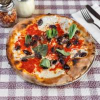 Puttanesca Pizza · Tomato sauce, capers, black olives, anchovies, oregano and fresh mozzarella.