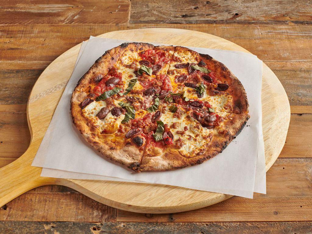 Diavola Pizza · Tomato sauce, hot sausage, fresh mozzarella and black olives.