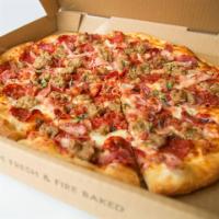 zCarnivore Gluten Free Crust Pizza · Housemade marinara, mozzarella, all-natural pepperoni, smoked ham, fennel sausage, smoked ba...