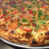 ZBQ Gluten Free Crust Pizza · BBQ sauce, mozzarella, BBQ chicken breast, peppers, red onions, tomatoes, fresh cilantro and...
