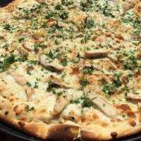 Roasted Garlic Chicken Gluten Free Crust Pizza · Housemade roasted garlic sauce, mozzarella, creamy white sauce, chicken breast, roasted garl...