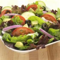 California Salad · Mixed greens, avocado, red onions, crisp cucumber, tomatoes, black olives with your choice o...