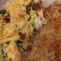 9. Scrambled eggs with cream cheese · 2 scrambled eggs with cream cheese and your choice of 2 ingredients, served with hashbrowns ...
