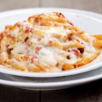 Baked Ziti · Penne with marinara and meat sauce topped with mozzarella and provolone cheeses, baked to a ...