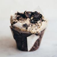 Vegan Oreo Cupcake · Chocolate cake, oreo frosting, topped with crushed oreo cookies (made with soy milk).