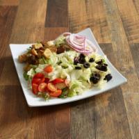 Limp Lizard Salad · Crisp iceburg lettuce tossed with croutons, tomatoes, red onion and olives.
