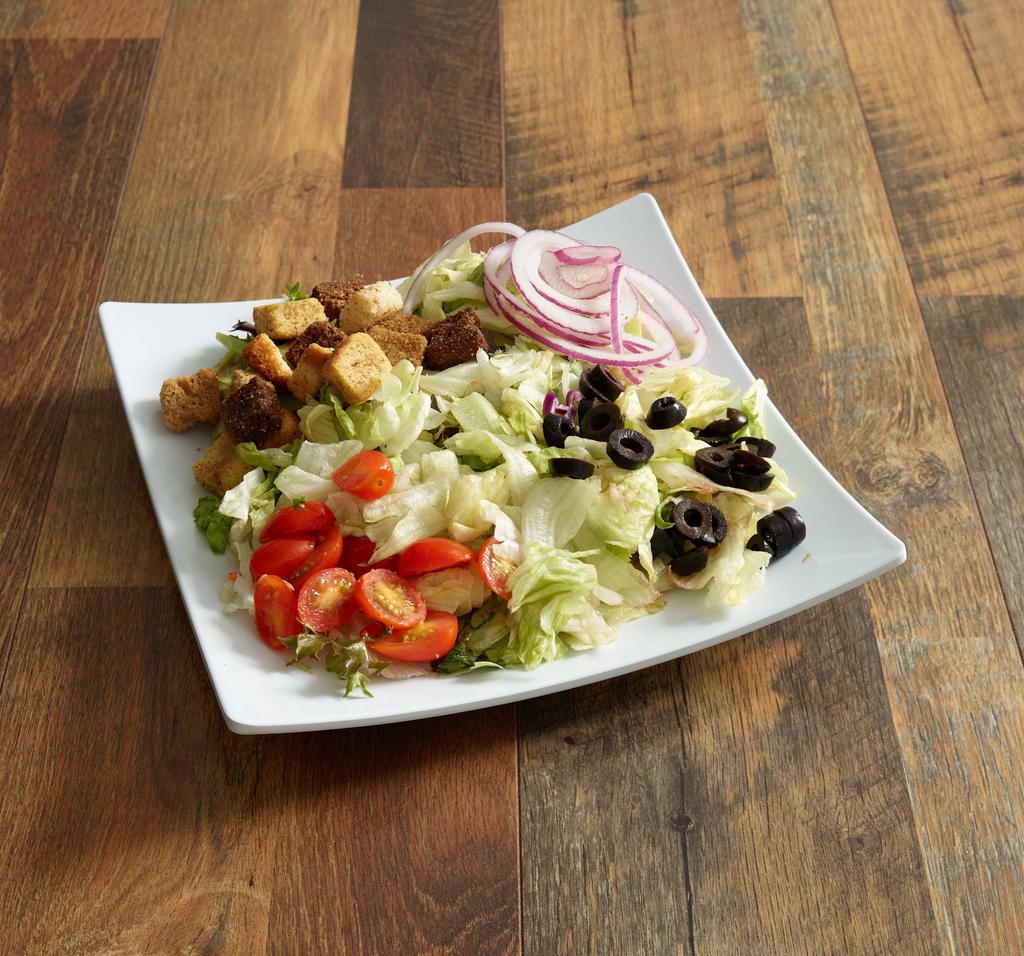 Limp Lizard Salad · Crisp iceburg lettuce tossed with croutons, tomatoes, red onion and olives.