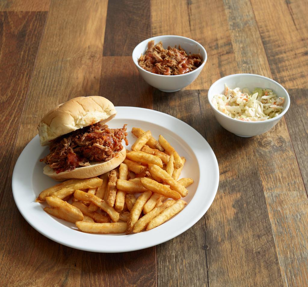 BBQ Pork Sandwich · BBQ pulled pork smothered with our original BBQ sauce. Smother with caramelized onions and cheddar.