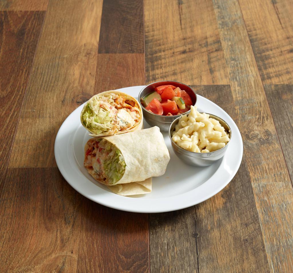 Buffalo Chicken Wrap · Golden tenders smothered in our medium sauce with lettuce, tomato, cheddar and blue cheese.