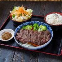 Ribeye Steak Teriyaki · 8 oz. ribeye steak served with rice , salad, house steak sauce, and teriyaki sauce